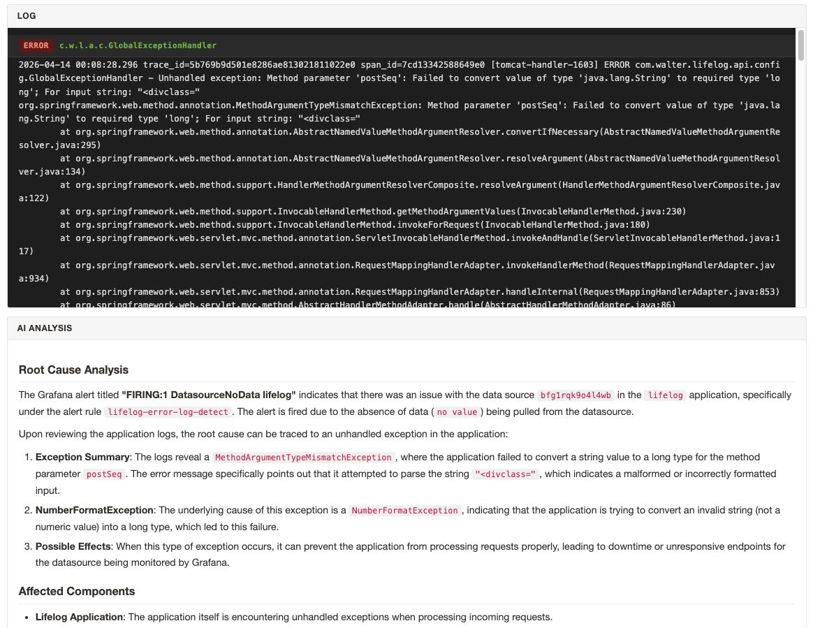 Loki에서 조회한 에러 로그와 AI 분석